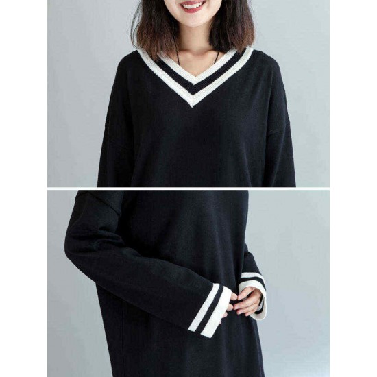 Plus Size Casual Women V-Neck Striped Long Sweater Dresses