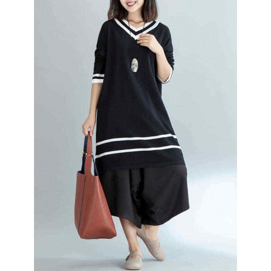 Plus Size Casual Women V-Neck Striped Long Sweater Dresses