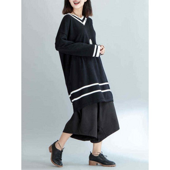 Plus Size Casual Women V-Neck Striped Long Sweater Dresses