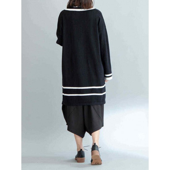 Plus Size Casual Women V-Neck Striped Long Sweater Dresses