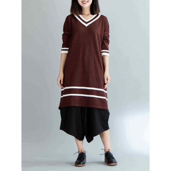 Plus Size Casual Women V-Neck Striped Long Sweater Dresses