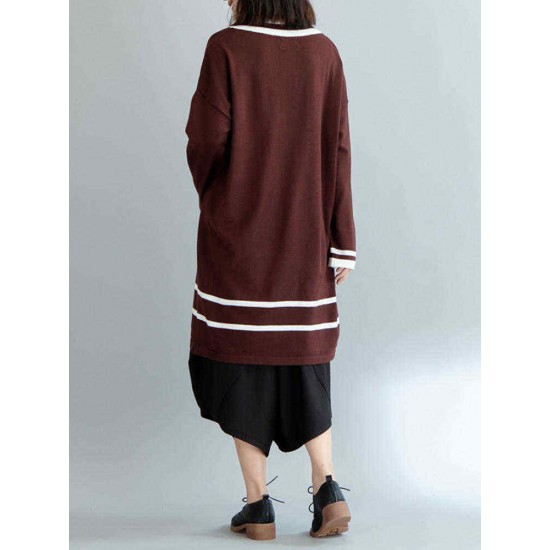 Plus Size Casual Women V-Neck Striped Long Sweater Dresses