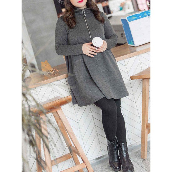 Plus Size Casual Women Zipper High Collar Mini Dress