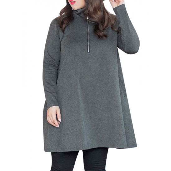 Plus Size Casual Women Zipper High Collar Mini Dress