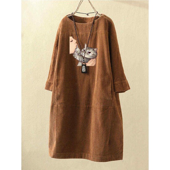 Plus Size Cat Cartoon Print Corduroy Crew Neck Vintage Dress