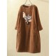 Plus Size Cat Cartoon Print Corduroy Crew Neck Vintage Dress