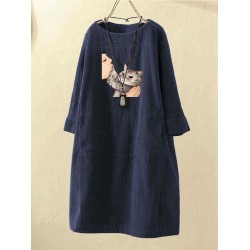 Plus Size Cat Cartoon Print Corduroy Crew Neck Vintage Dress