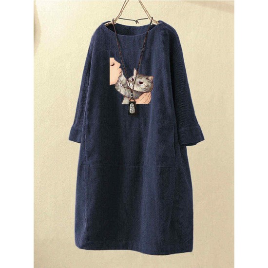 Plus Size Cat Cartoon Print Corduroy Crew Neck Vintage Dress