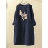 Plus Size Cat Cartoon Print Corduroy Crew Neck Vintage Dress