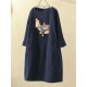 Plus Size Cat Cartoon Print Corduroy Crew Neck Vintage Dress