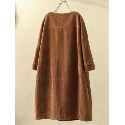 Plus Size Cat Print Corduroy Crew Neck Vintage Dress