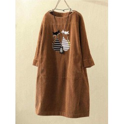 Plus Size Cat Print Corduroy Crew Neck Vintage Dress