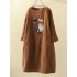 Plus Size Cat Print Corduroy Crew Neck Vintage Dress