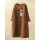 Plus Size Cat Print Corduroy Crew Neck Vintage Dress
