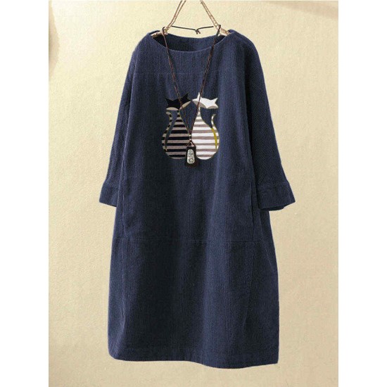 Plus Size Cat Print Corduroy Crew Neck Vintage Dress