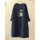 Plus Size Cat Print Corduroy Crew Neck Vintage Dress