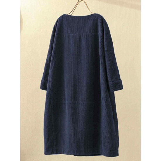 Plus Size Cat Print Corduroy Crew Neck Vintage Dress
