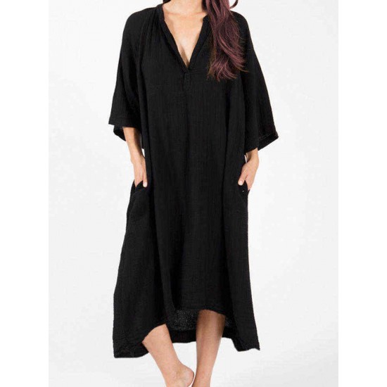 Plus Size Cotton V-neck Half Sleeve Women Dress