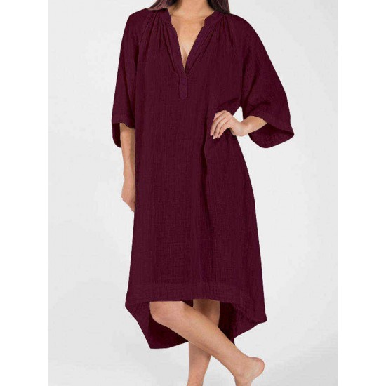 Plus Size Cotton V-neck Half Sleeve Women Dress