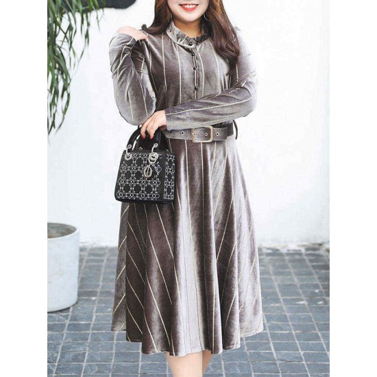 Plus Size Elegant Women Stripe Gold Velvet Dress