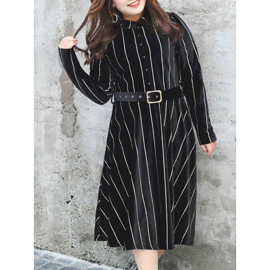 Plus Size Elegant Women Stripe Gold Velvet Dress