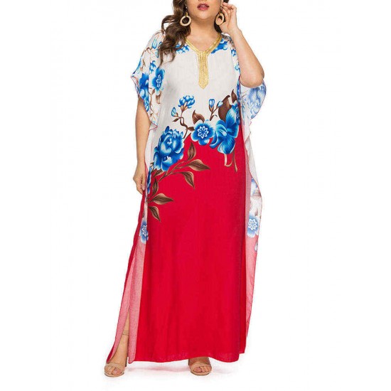 Plus Size Floral Print Batwing Sleeve Boho Maxi Dress