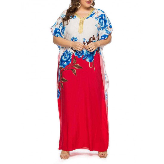 Plus Size Floral Print Batwing Sleeve Boho Maxi Dress