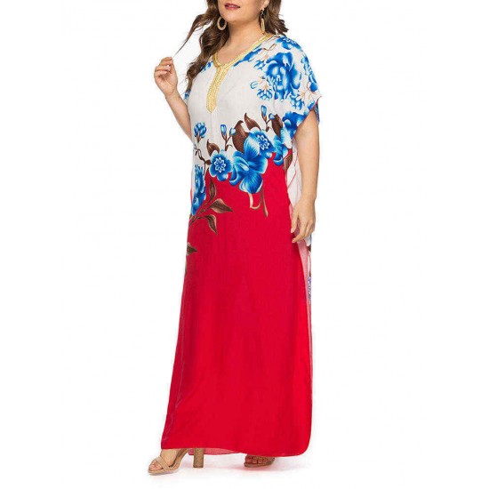 Plus Size Floral Print Batwing Sleeve Boho Maxi Dress