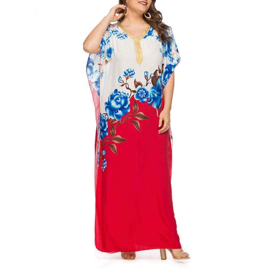 Plus Size Floral Print Batwing Sleeve Boho Maxi Dress