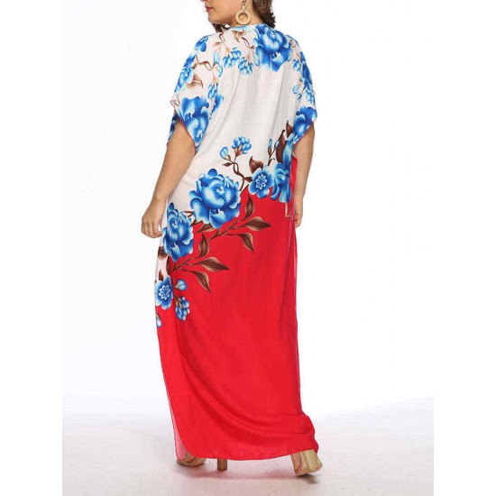 Plus Size Floral Print Batwing Sleeve Boho Maxi Dress