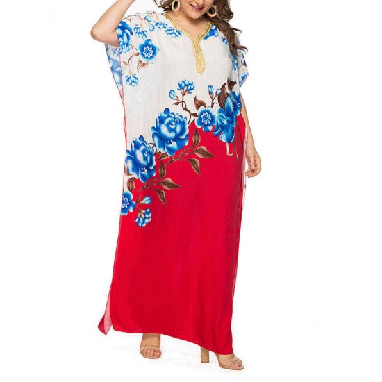 Plus Size Floral Print Batwing Sleeve Boho Maxi Dress