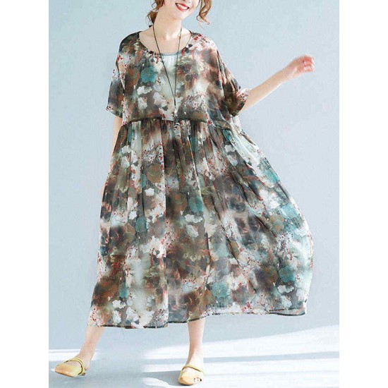 Plus Size Floral Print Batwing Sleeve Chiffon Dress