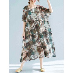 Plus Size Floral Print Batwing Sleeve Chiffon Dress