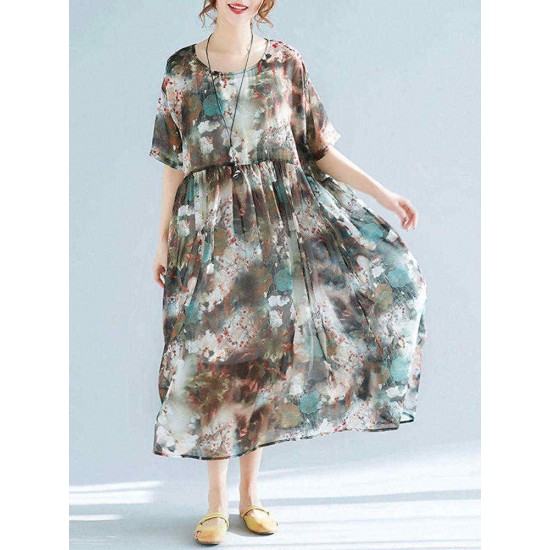 Plus Size Floral Print Batwing Sleeve Chiffon Dress