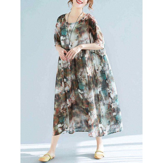 Plus Size Floral Print Batwing Sleeve Chiffon Dress