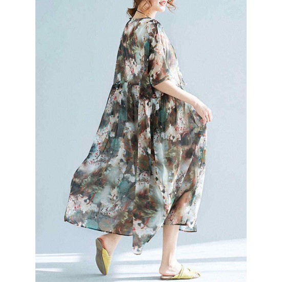 Plus Size Floral Print Batwing Sleeve Chiffon Dress