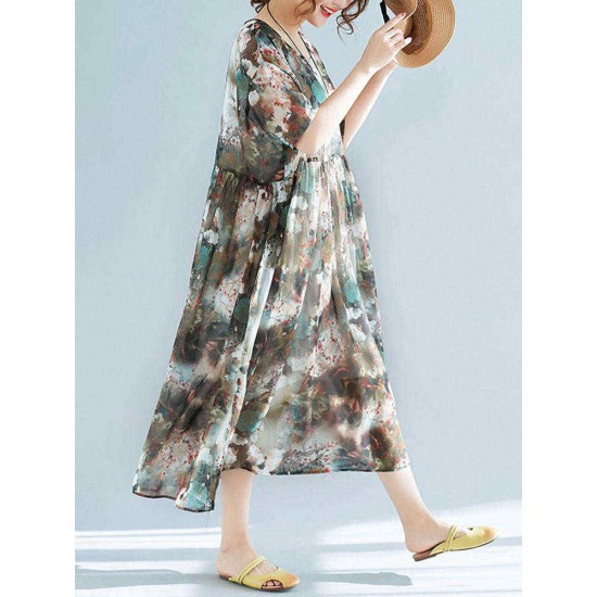 Plus Size Floral Print Batwing Sleeve Chiffon Dress