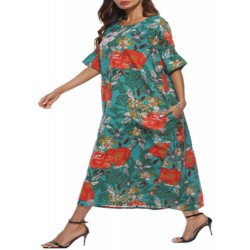 Plus Size Floral Print O-neck Batwing Sleeve Baggy Dress with Pockets