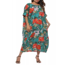 Plus Size Floral Print O-neck Batwing Sleeve Baggy Dress with Pockets