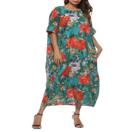 Plus Size Floral Print O-neck Batwing Sleeve Baggy Dress with Pockets