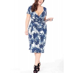 Plus Size Floral Print V-neck Short Sleeve Elegant Dress