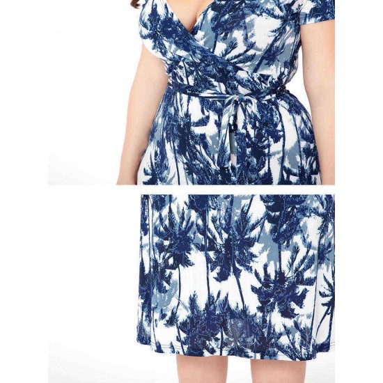 Plus Size Floral Print V-neck Short Sleeve Elegant Dress