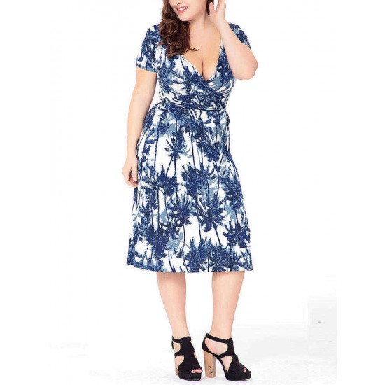 Plus Size Floral Print V-neck Short Sleeve Elegant Dress