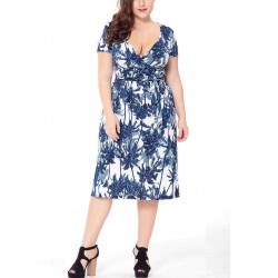 Plus Size Floral Print V-neck Short Sleeve Elegant Dress