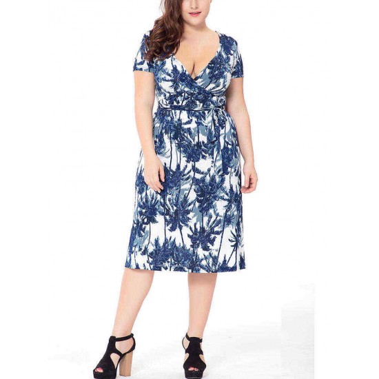 Plus Size Floral Print V-neck Short Sleeve Elegant Dress