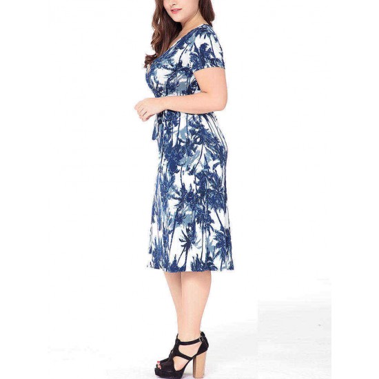 Plus Size Floral Print V-neck Short Sleeve Elegant Dress