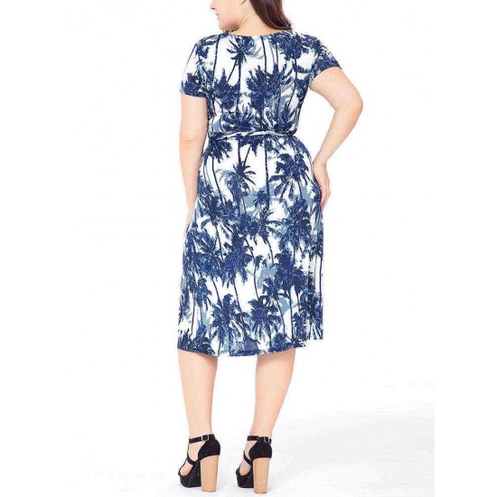 Plus Size Floral Print V-neck Short Sleeve Elegant Dress