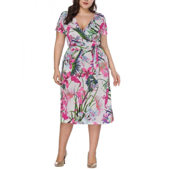 Plus Size Floral Print V-neck Short Sleeve Elegant Dress