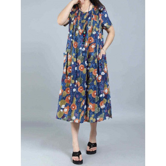 Plus Size Floral Printed Loose Dresses Short Sleeve Ruffled Pockets Casual Dress for Women Plus Size Floral Printed Loose Dresses Short Sleeve Ruffled Pockets Casual Dress for Women