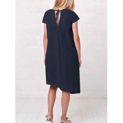 Plus Size Irregular Short Sleeve Solid Color Vintage Dress